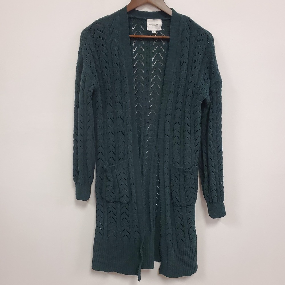 Pink Rose Womens Open Knit Fairy Grunge Duster Cardigan Size S Green Layers Cozy